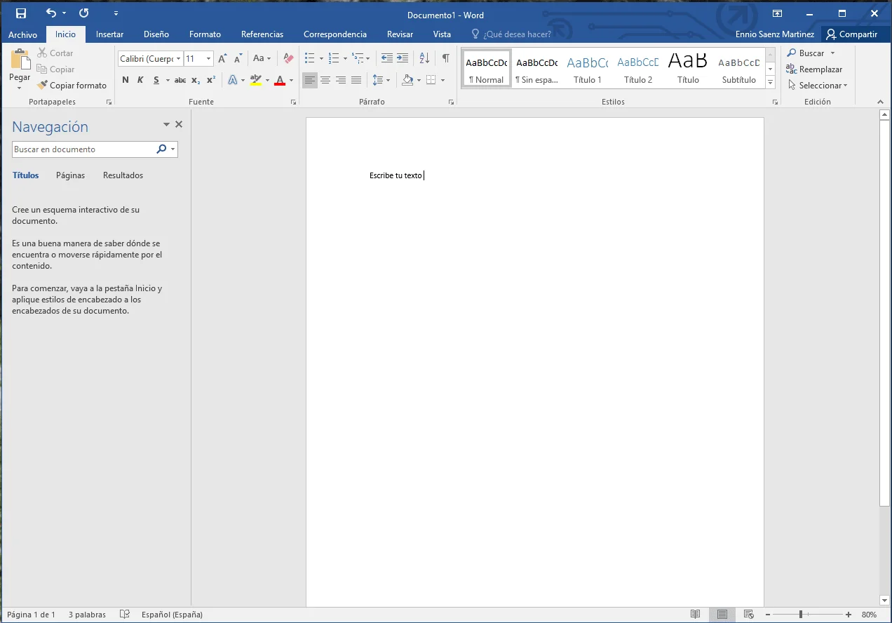 Vista principal de Microsoft Word
