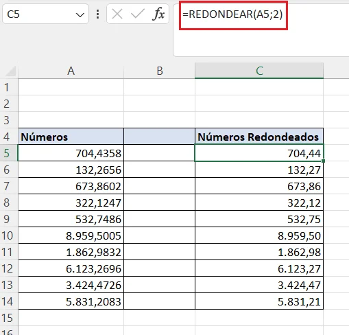 Ejemplo de REDONDEAR a decimales específicos en Excel