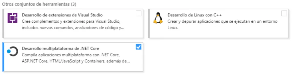 Selección de Cragas de Trabajo en la pestaña Otros conjuntos de herramientas de Visual Studio