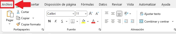 Pestaña Archivo en Excel