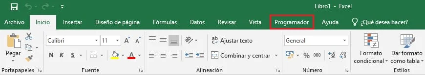 Pestaña programador en la barra de herramientas de Excel