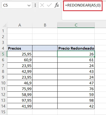 Ejemplo de REDONDEAR número enteros en Excel