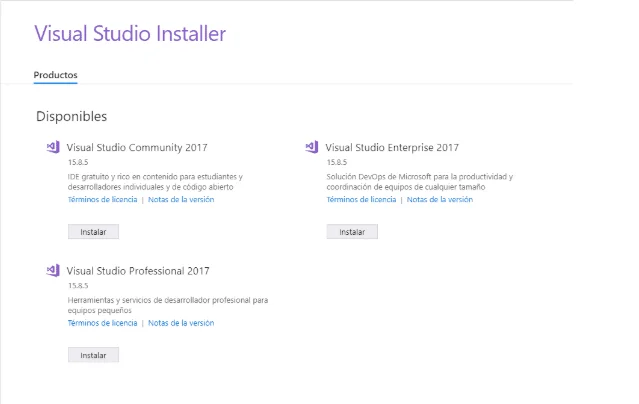 Diferentes opciones de instalación dentro de Visual Studio