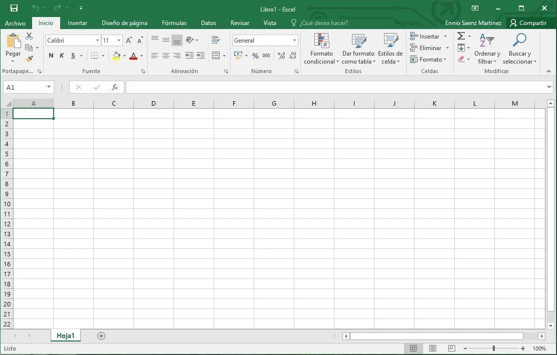 Vista principal de una hoja de cálculo en Excel
