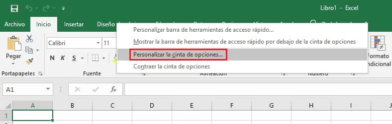 Cinta de Opciones desde la barra de herramientas de Excel