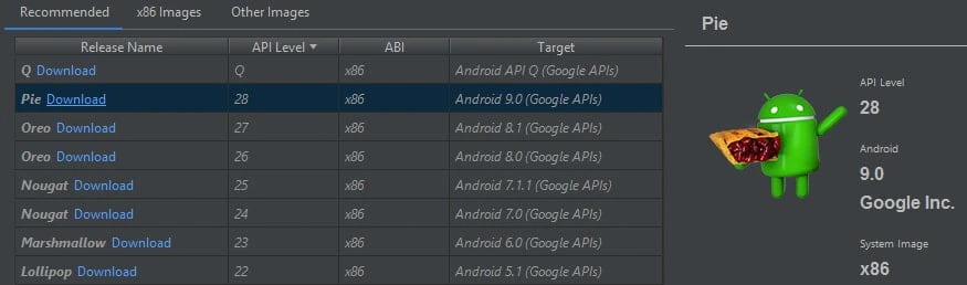 Selección de la versión de Android