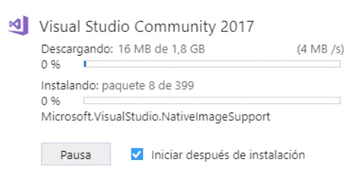Barras de progreso del instalador de Visual Studio Community 2017