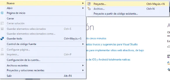 Desplegable de la opción Archivo de Visual Studio