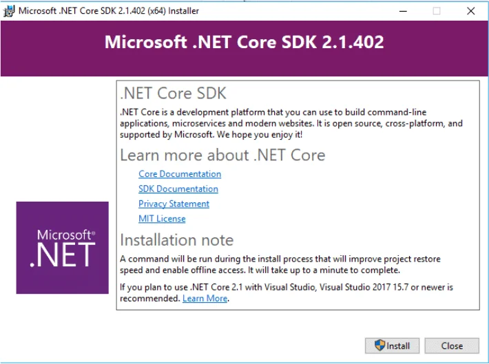 Instalador de Microsfot .NET Core SDK 2.1.402