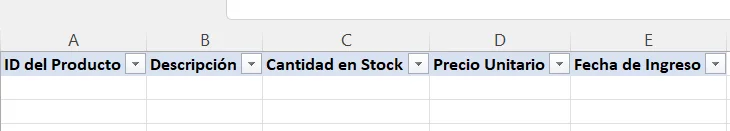Ejemplo de Encabezados de un Inventario en Excel