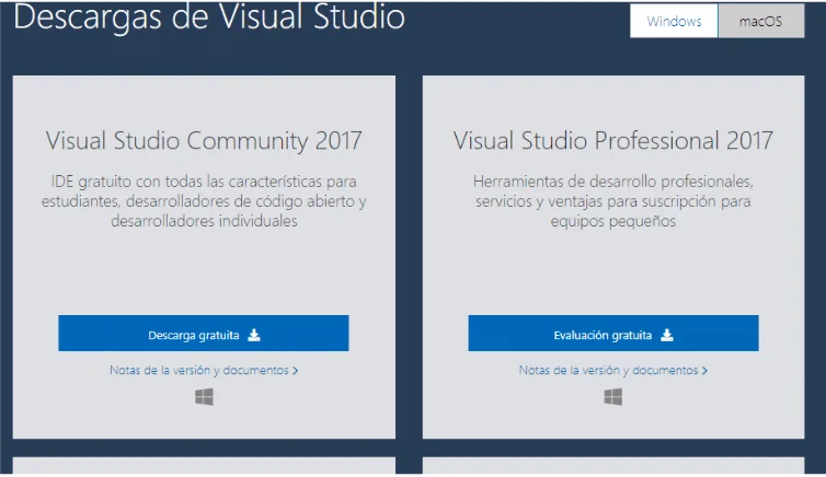 Descarga de Visual Studio desde la página web oficial