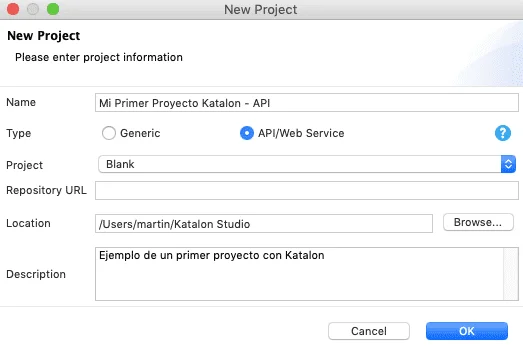 Configuración inicial para crear un nuevo proyecto en Katalon Studio
