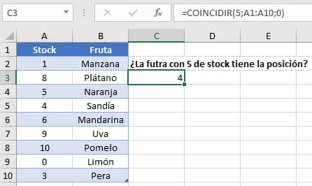 Ejemplo función COINCIDIR en Excel