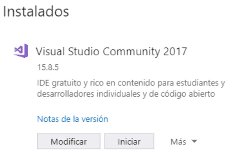 Ventana de instalados de Visual Studio