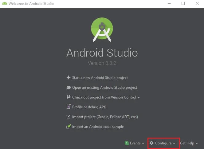 Opción Configure de Android Studio