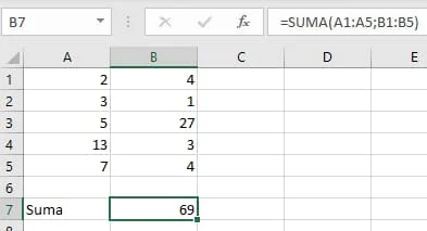 Ejemplo función SUMA en Excel con rangos de celdas