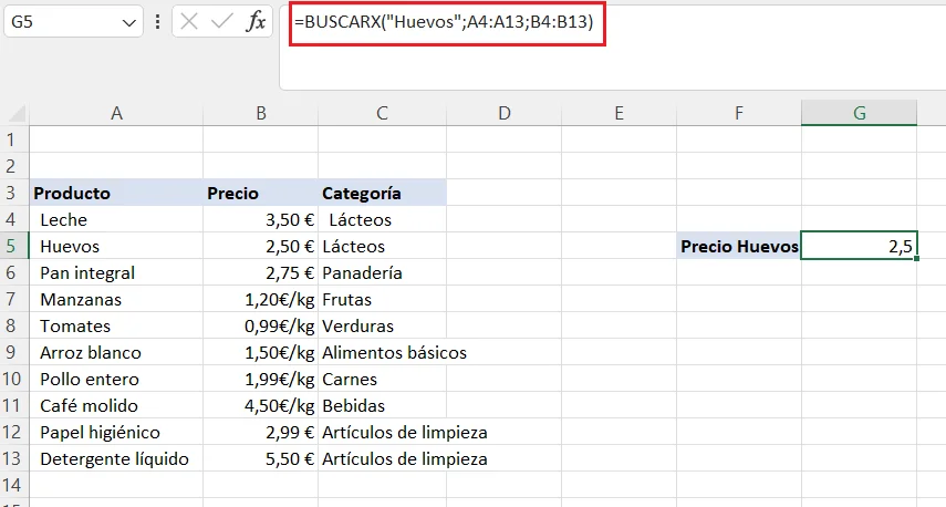 Ejemplo Función BuscarX en Excel