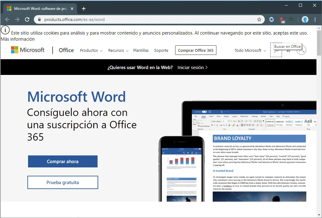 Descarga de Microsoft Word desde la página de Microsoft