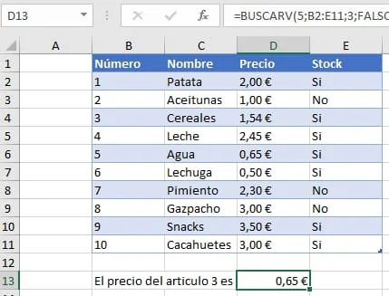 Ejemplo función BUSCARV en Excel