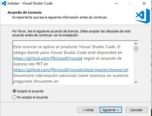 Acuerdo de licencia de Visual Studio Code