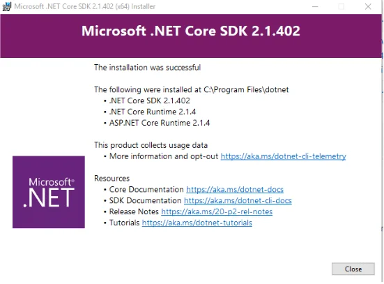 Instalación de Microsfot .NET Core SDK 2.1.402 terminada