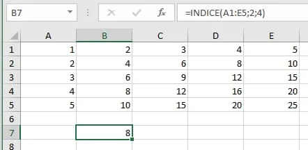 Ejemplo función INDICE en Excel