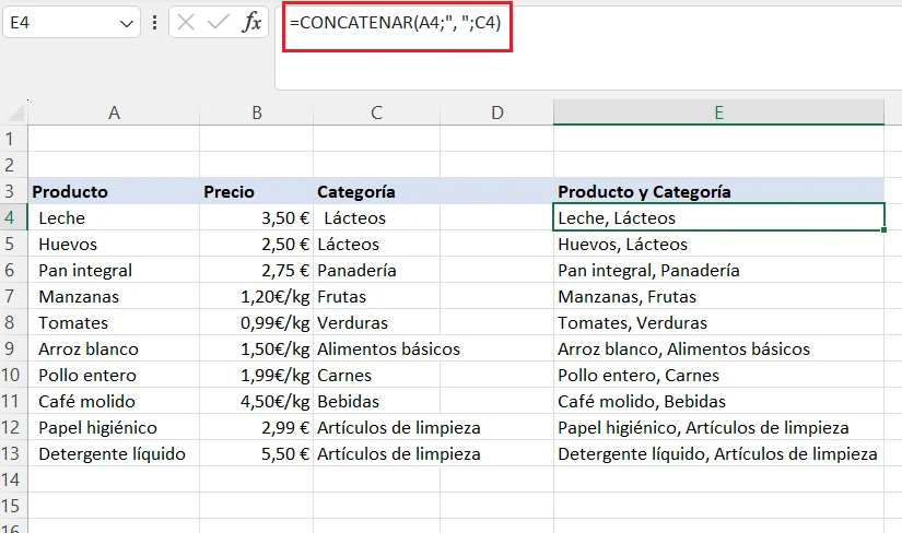 Ejemplo Función CONCATENAR en Excel